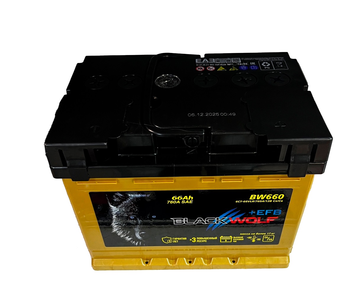 Аккумулятор, Black Wolf 066111K01BW EFB, 66 Ah, 760 А, обратная полярность